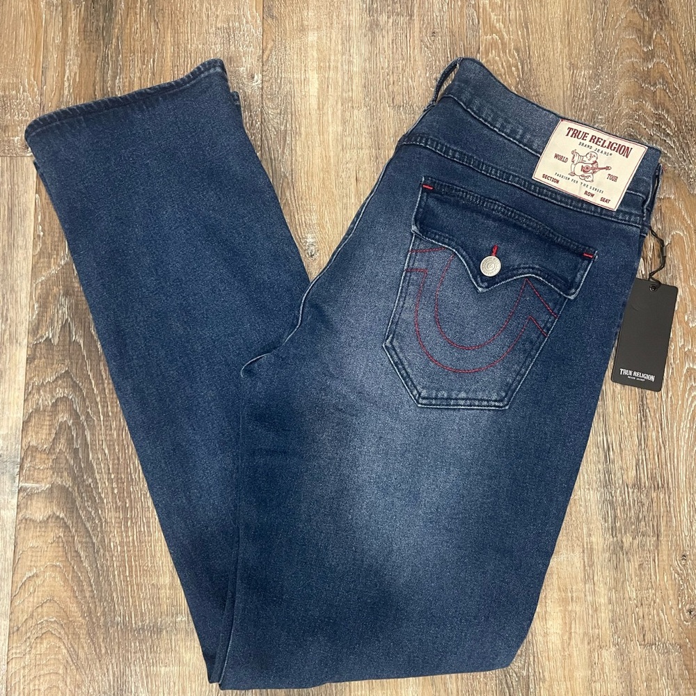 True Religion Men's Dark Blue Straight Jeans, 36x34”, “Ricky” Fit